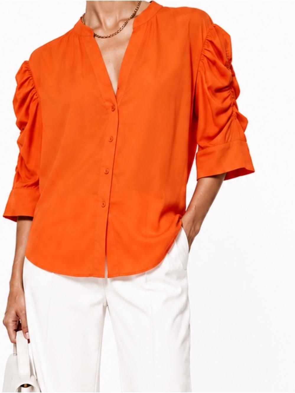 NEW YORK & CO. Puff Sleeve Orange Button-Down Blouse Top